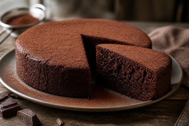 Part de gâteau au cacao moelleux à la mie aérienne, vue en coupe