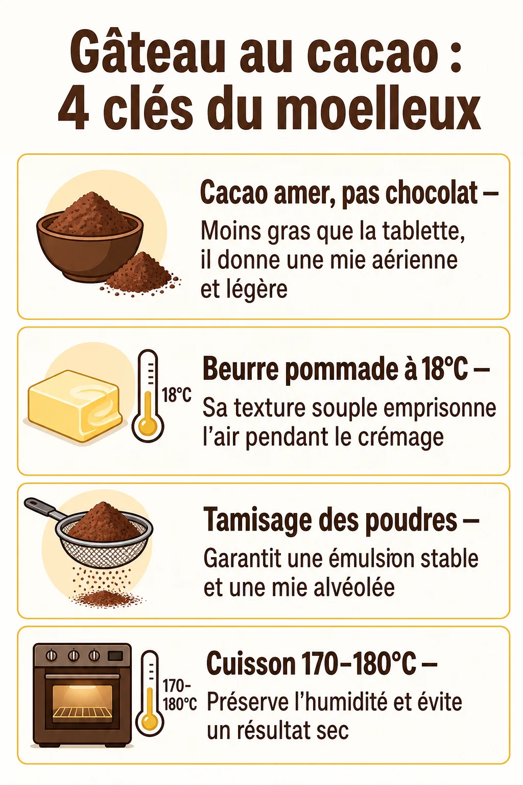Gâteau au cacao : 4 clés du moelleux : Cacao amer, pas chocolat, Beurre pommade à 18°C, Tamisage des poudres, Cuisson 170-180°C