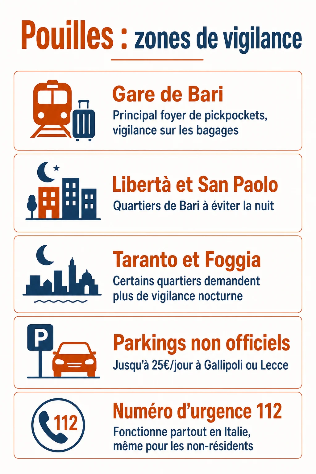 Pouilles : zones de vigilance : Gare de Bari, Libertà et San Paolo, Taranto et Foggia, Parkings non officiels, Numéro d'urgence 112