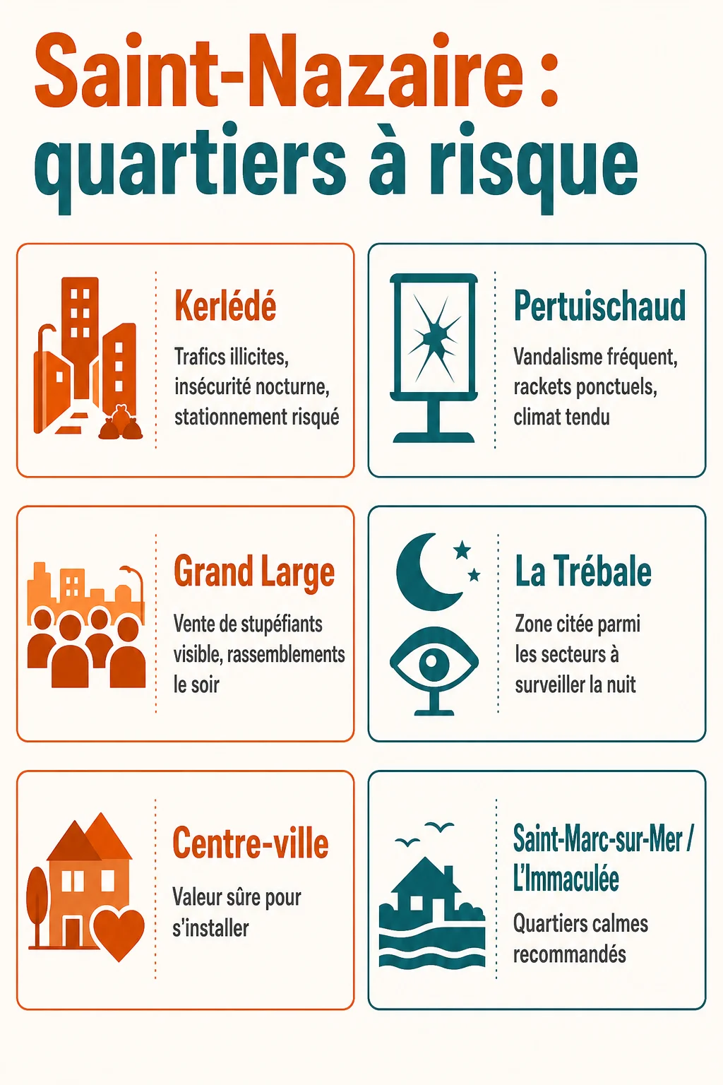 Saint-Nazaire : quartiers à risque : Kerlédé, Pertuischaud, Grand Large, La Trébale, Centre-ville, Saint-Marc-sur-Mer / L'Immaculée