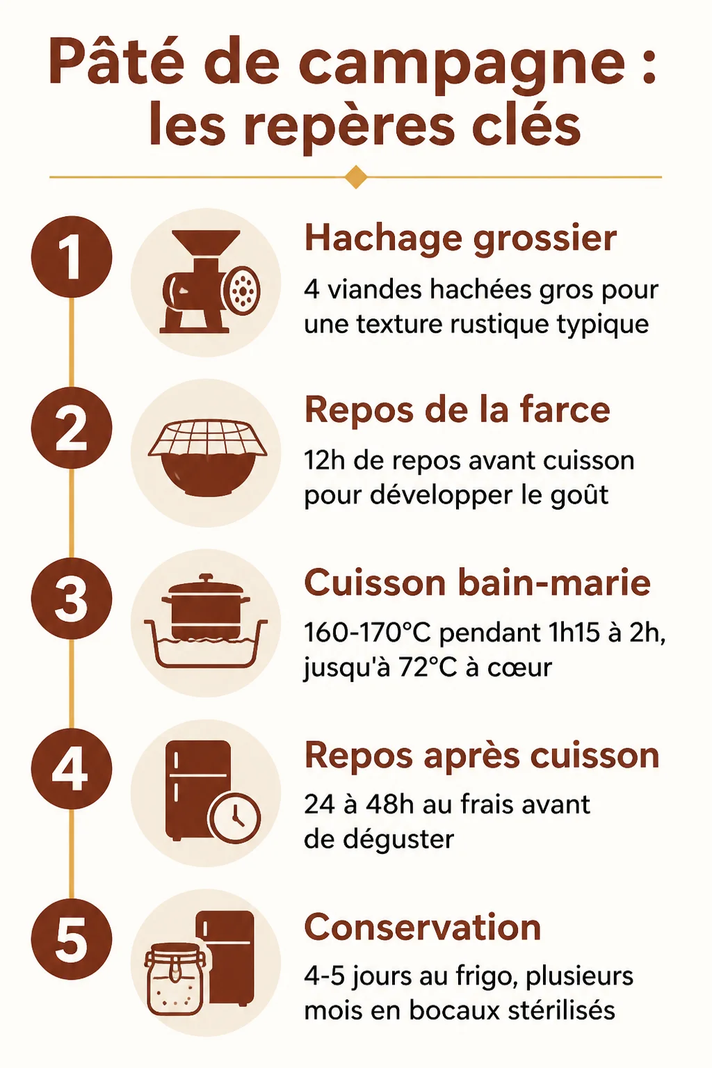 Pâté de campagne : les repères clés : 1. Hachage grossier, 2. Repos de la farce, 3. Cuisson bain-marie, 4. Repos après cuisson, 5. Conservation