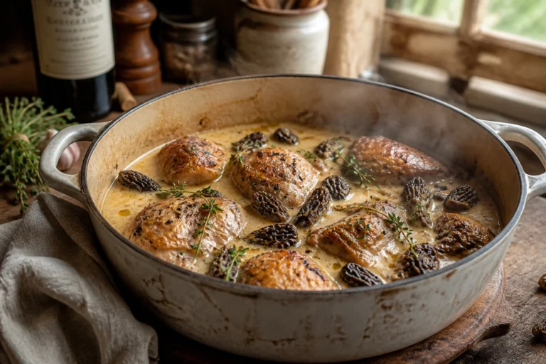 Poulet au vin jaune et morilles mijotant en cocotte, sauce crémeuse dorée
