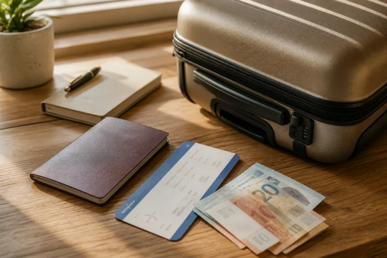 Passeport, billet d'avion et billets en euros symbolisant le budget d'un voyage à la Mecque
