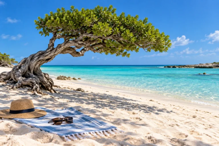 Plage tranquille d'Aruba avec un arbre divi-divi et affaires laissées sans surveillance sur le sable