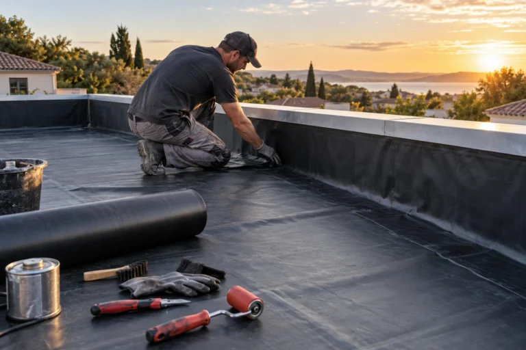 Couvreur posant une membrane d'étanchéité EPDM sur une toiture-terrasse de maison