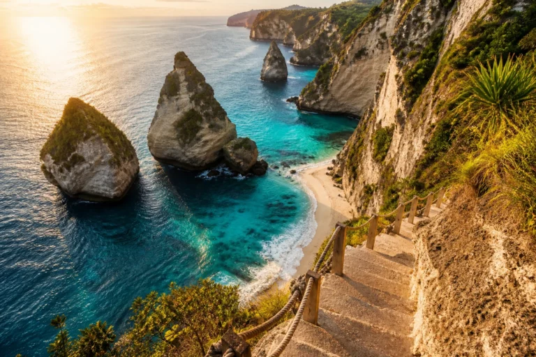 Escalier taillé dans la falaise calcaire menant à Diamond Beach à Nusa Penida