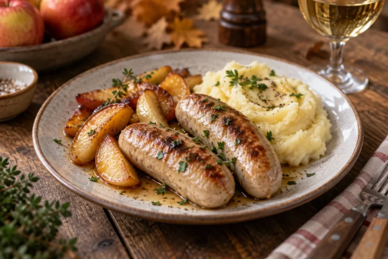 Boudin blanc doré accompagné de pommes caramélisées et de purée crémeuse sur table en bois