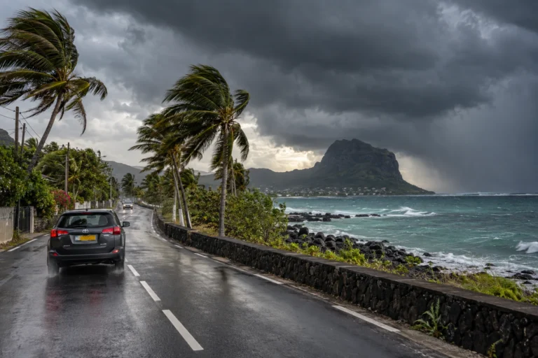 Route côtière de l'île Maurice sous un ciel orageux avec palmiers agités par le vent