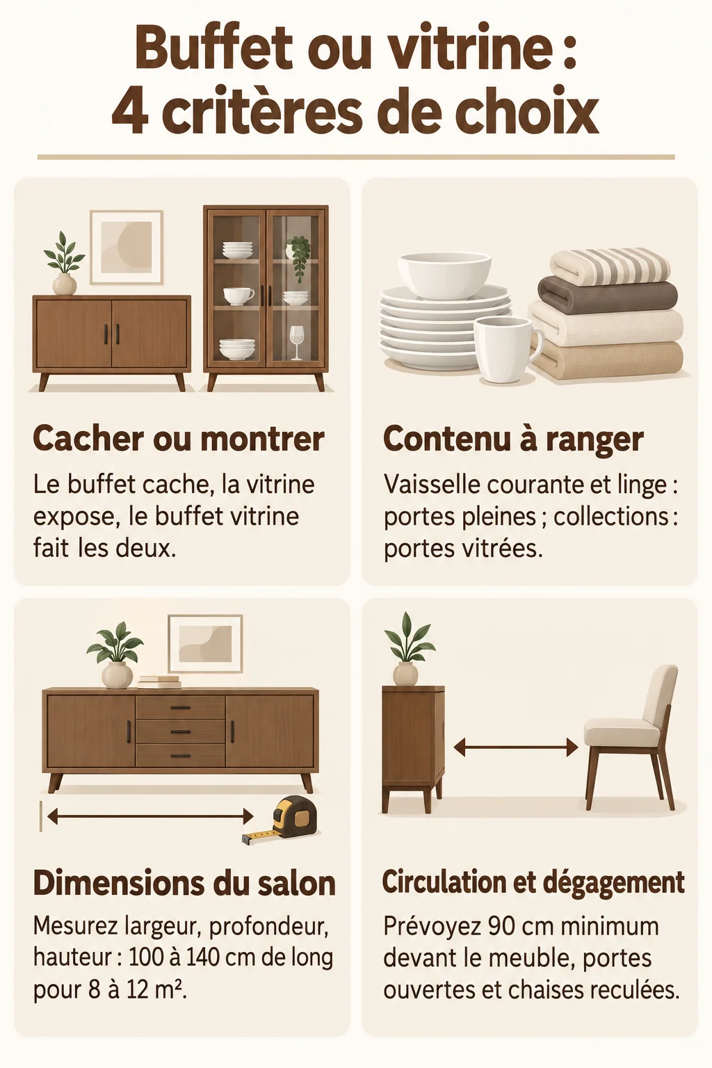Buffet ou vitrine : 4 critères de choix : Cacher ou montrer, Contenu à ranger, Dimensions du salon, Circulation et dégagement