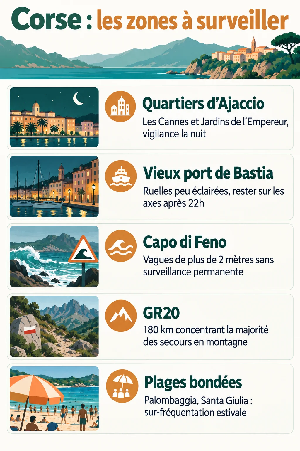 Corse : les zones à surveiller : Quartiers d'Ajaccio, Vieux port de Bastia, Capo di Feno, GR20, Plages bondées