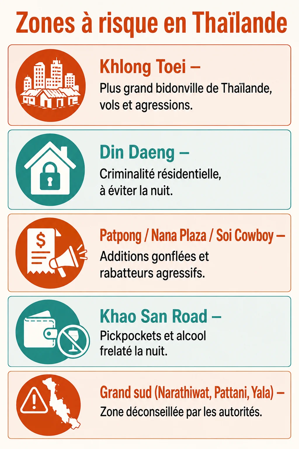 Zones à risque en Thaïlande : Khlong Toei, Din Daeng, Patpong / Nana Plaza / Soi Cowboy, Khao San Road, Grand sud (Narathiwat, Pattani, Yala)