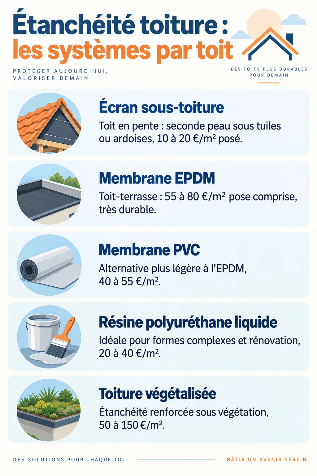 Étanchéité toiture : les systèmes par toit : Écran sous-toiture, Membrane EPDM, Membrane PVC, Résine polyuréthane liquide, Toiture végétalisée
