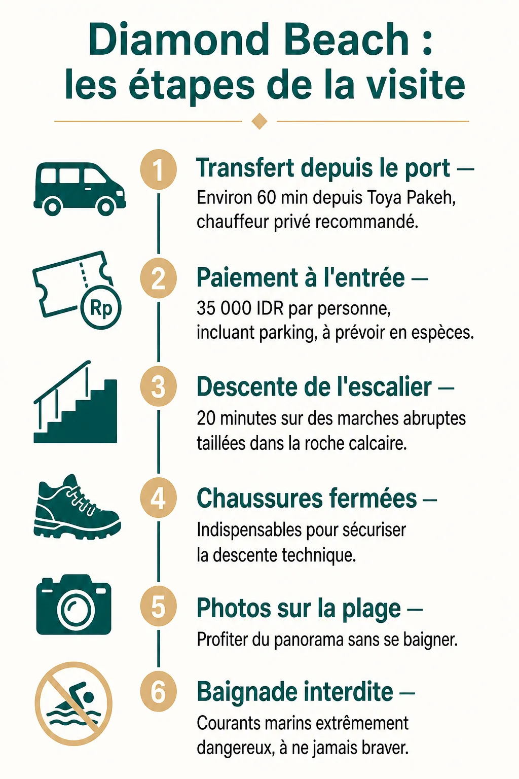 Diamond Beach : les étapes de la visite : 1. Transfert depuis le port, 2. Paiement à l'entrée, 3. Descente de l'escalier, 4. Chaussures fermées, 5. Photos sur la plage, 6. Baignade interdite
