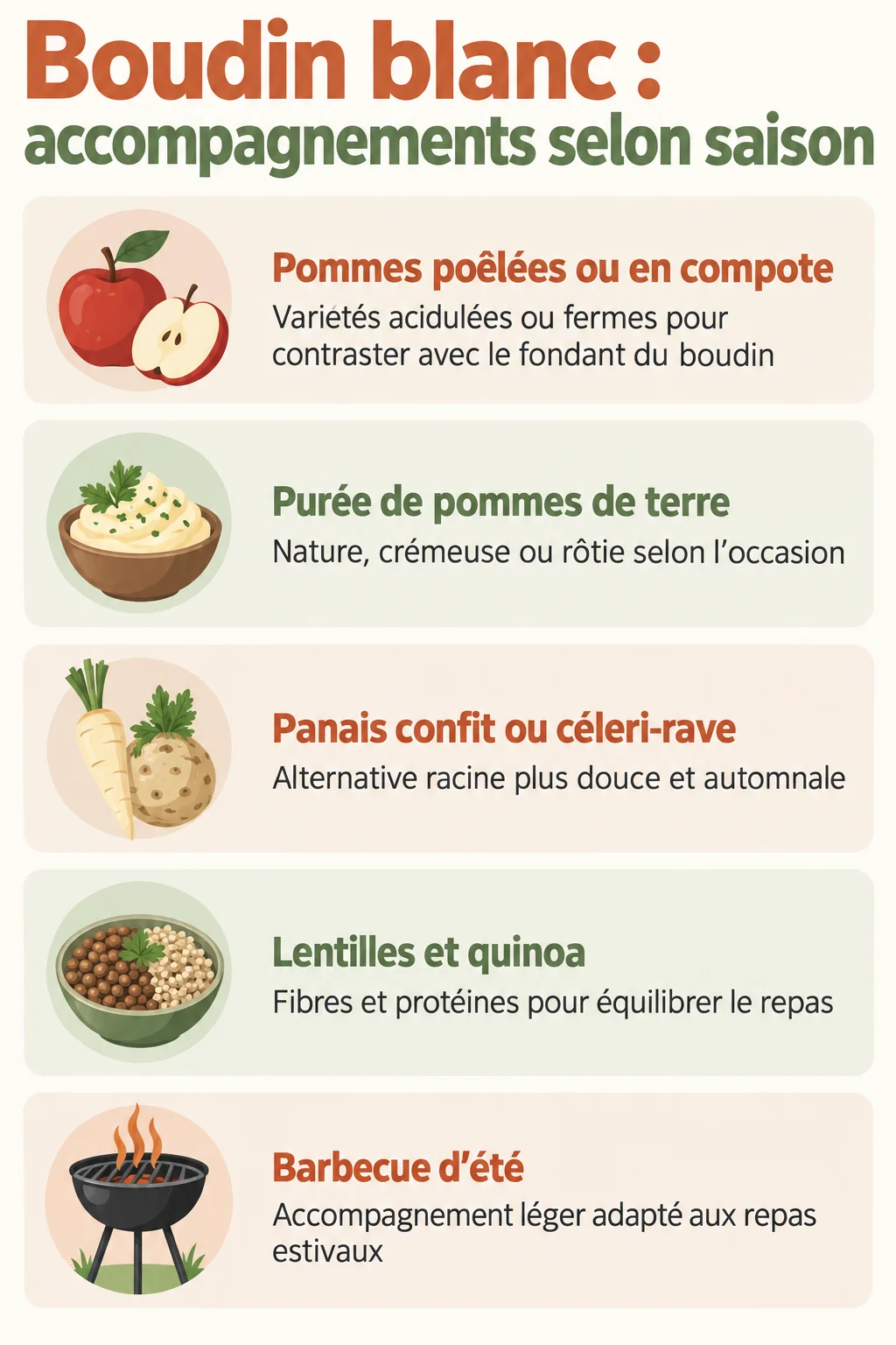 Boudin blanc : accompagnements selon saison : Pommes poêlées ou en compote, Purée de pommes de terre, Panais confit ou céleri-rave, Lentilles et quinoa, Barbecue d'été