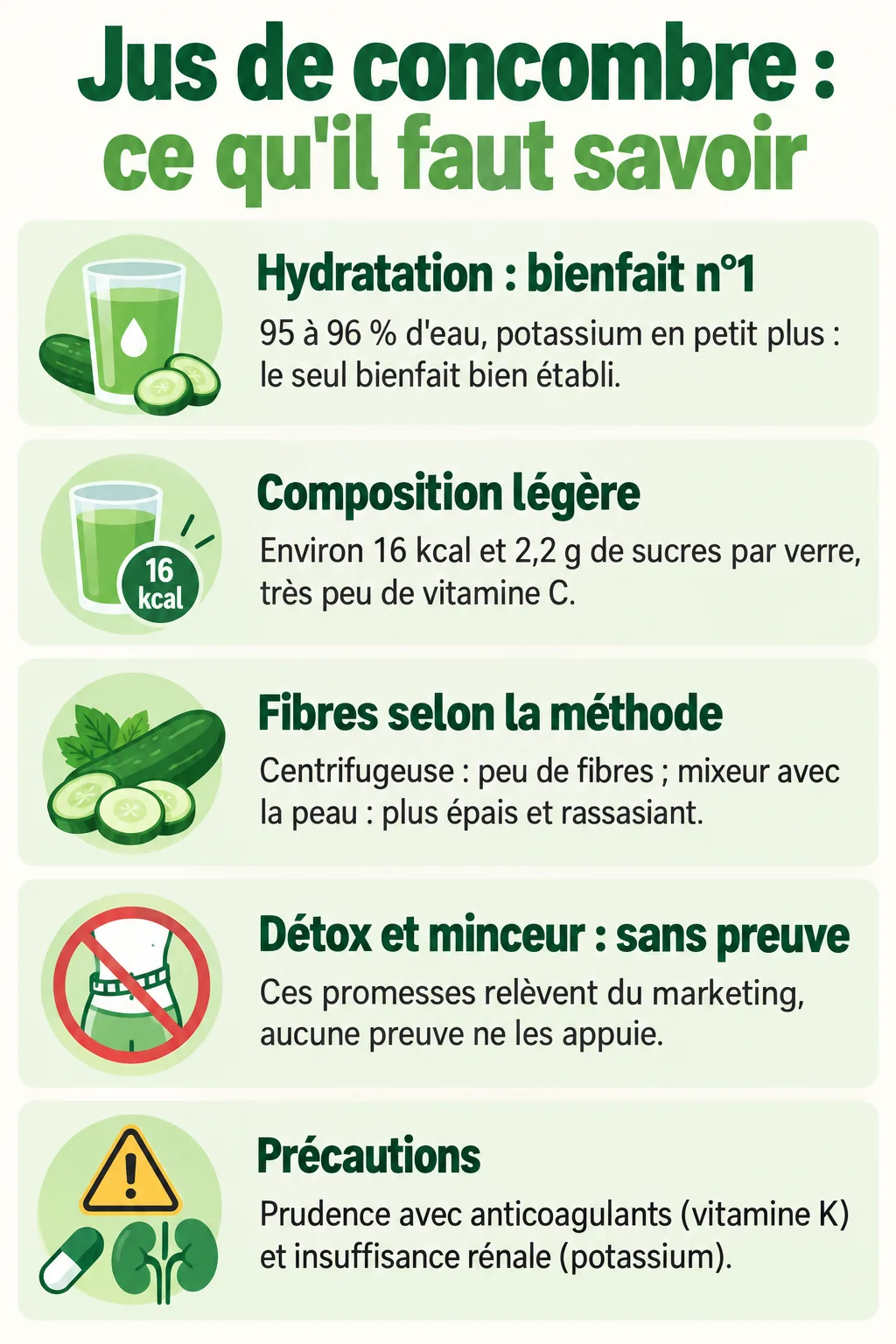 Jus de concombre : ce qu'il faut savoir : Hydratation : bienfait n°1, Composition légère, Fibres selon la méthode, Détox et minceur : sans preuve, Précautions