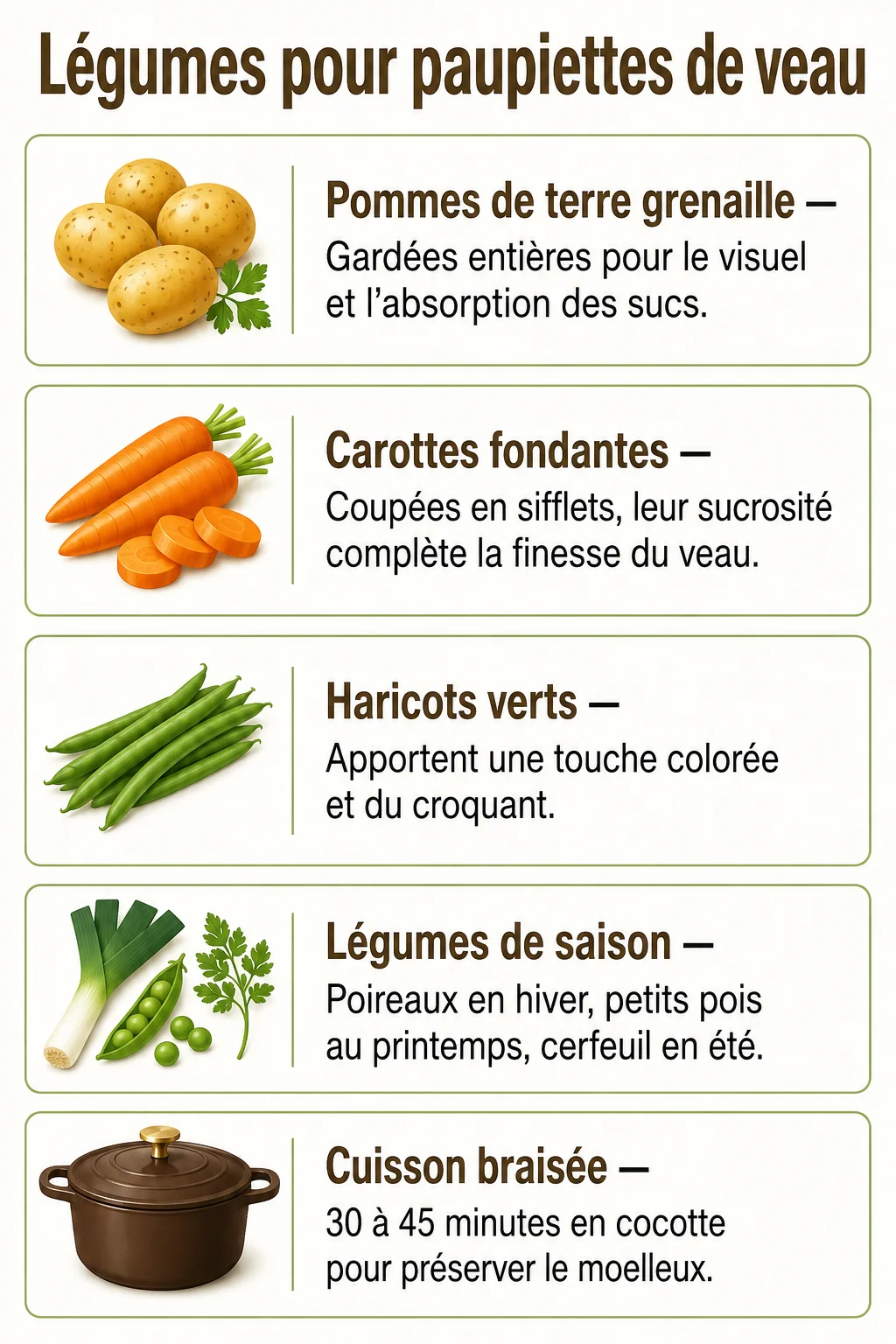 Légumes pour paupiettes de veau : Pommes de terre grenaille, Carottes fondantes, Haricots verts, Légumes de saison, Cuisson braisée