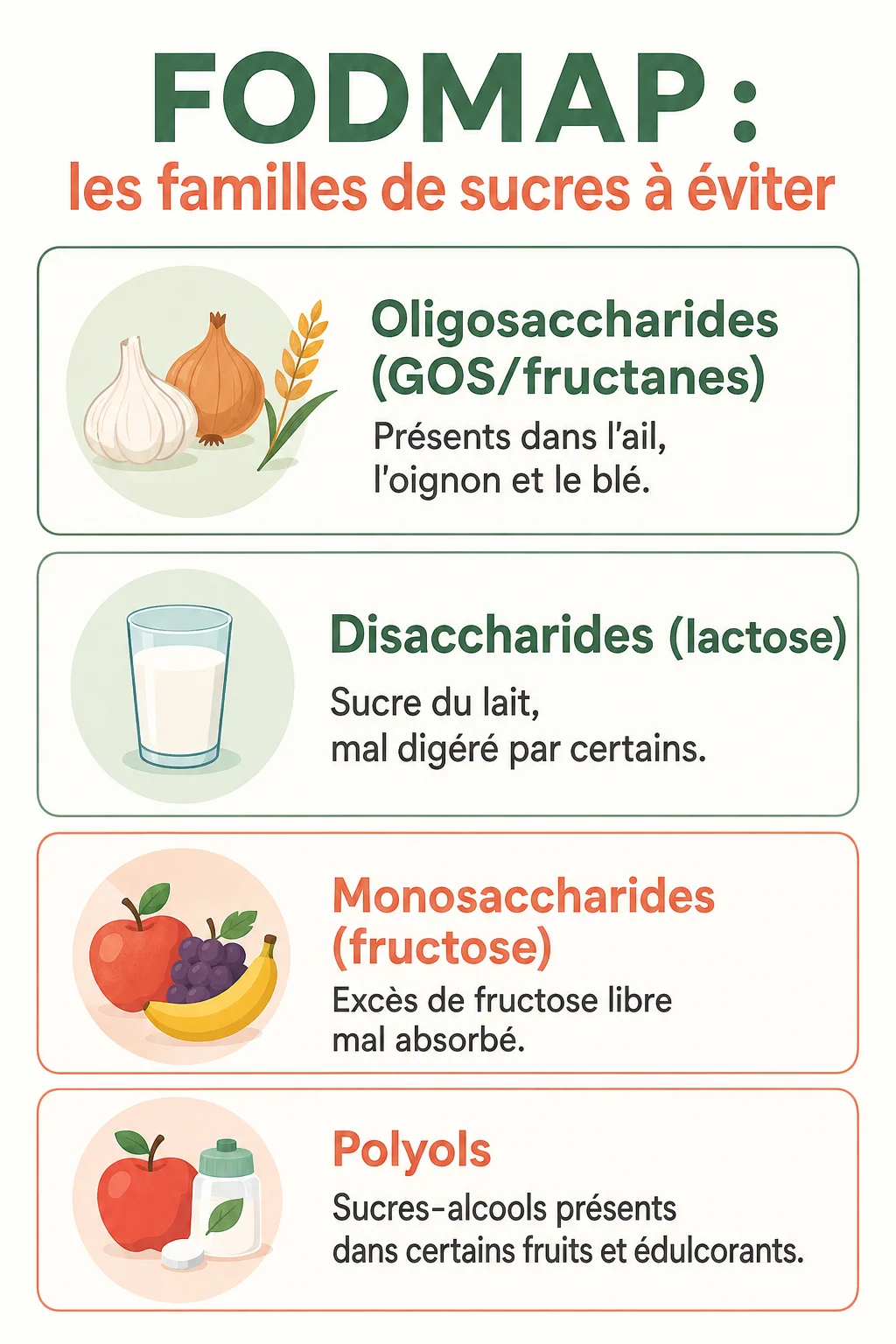 FODMAP : les familles de sucres à éviter : Oligosaccharides (GOS/fructanes), Disaccharides (lactose), Monosaccharides (fructose), Polyols