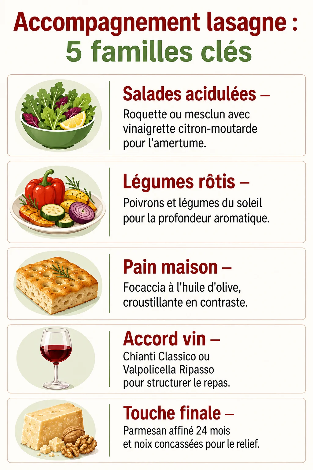 Accompagnement lasagne : 5 familles clés : Salades acidulées, Légumes rôtis, Pain maison, Accord vin, Touche finale