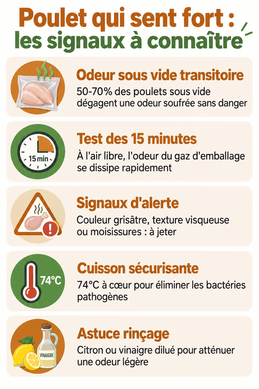 Poulet qui sent fort : les signaux à connaître : Odeur sous vide transitoire, Test des 15 minutes, Signaux d'alerte, Cuisson sécurisante, Astuce rinçage