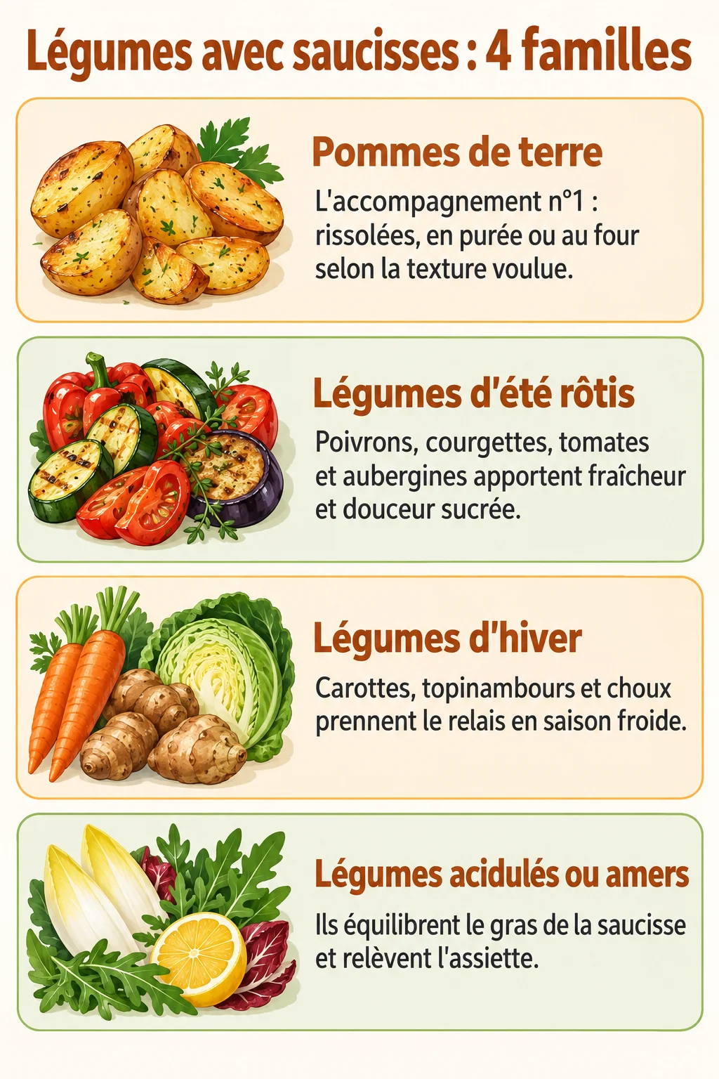 Légumes avec saucisses : 4 familles : Pommes de terre, Légumes d'été rôtis, Légumes d'hiver, Légumes acidulés ou amers