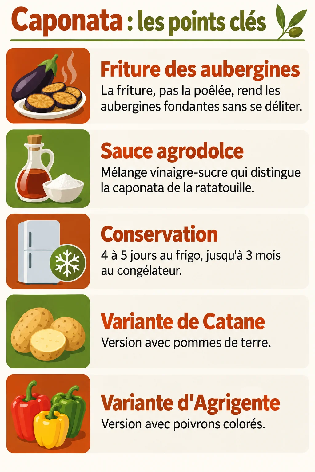 Caponata : les points clés : Friture des aubergines, Sauce agrodolce, Conservation, Variante de Catane, Variante d'Agrigente
