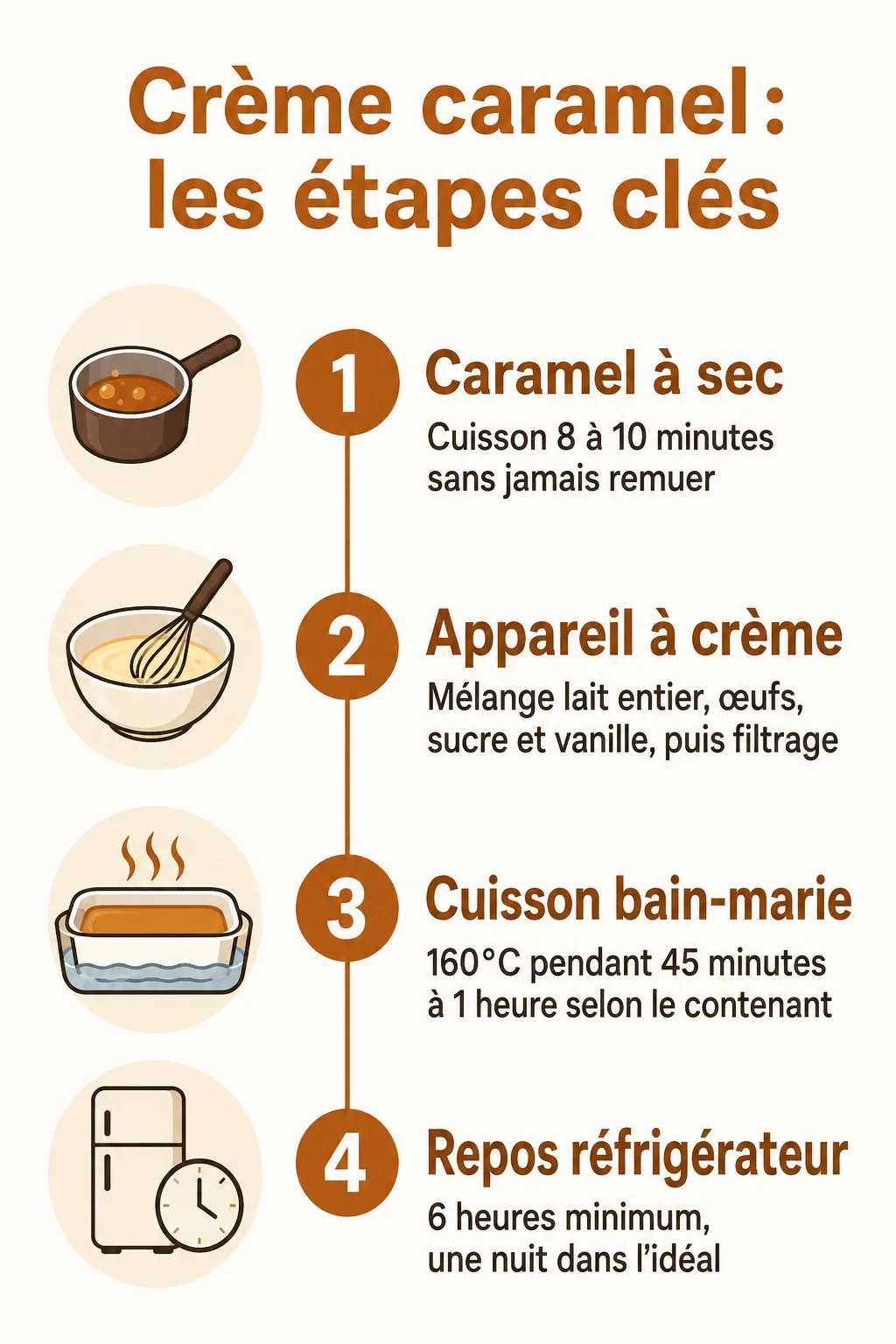 Crème caramel : les étapes clés : 1. Caramel à sec, 2. Appareil à crème, 3. Cuisson bain-marie, 4. Repos réfrigérateur