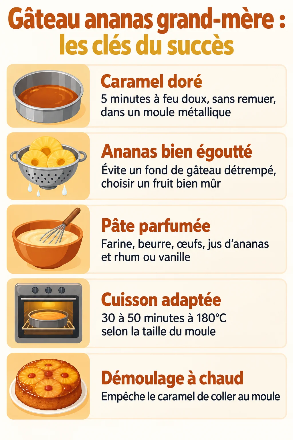 Gâteau ananas grand-mère : les clés du succès : Caramel doré, Ananas bien égoutté, Pâte parfumée, Cuisson adaptée, Démoulage à chaud