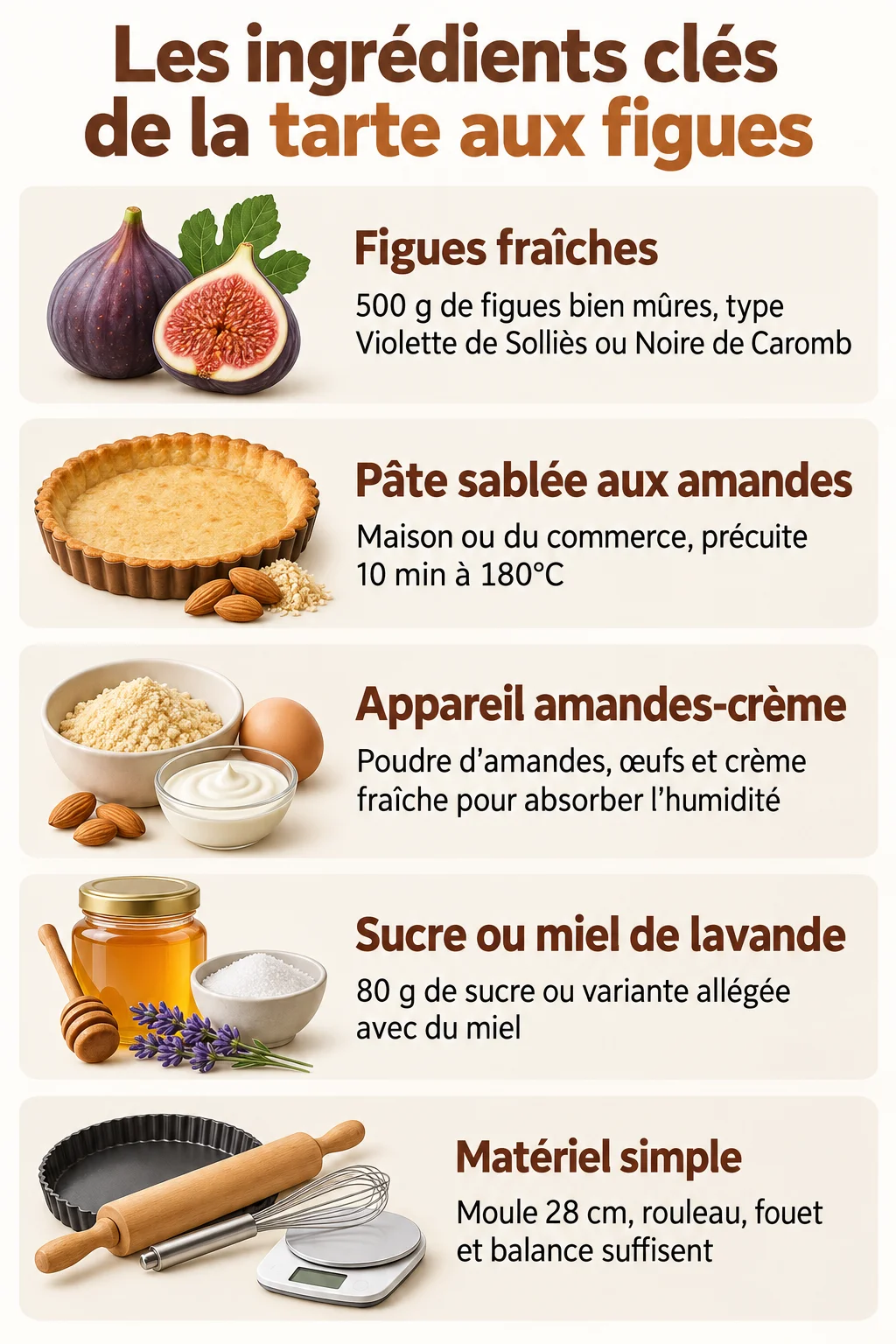 Les ingrédients clés de la tarte aux figues : Figues fraîches, Pâte sablée aux amandes, Appareil amandes-crème, Sucre ou miel de lavande, Matériel simple