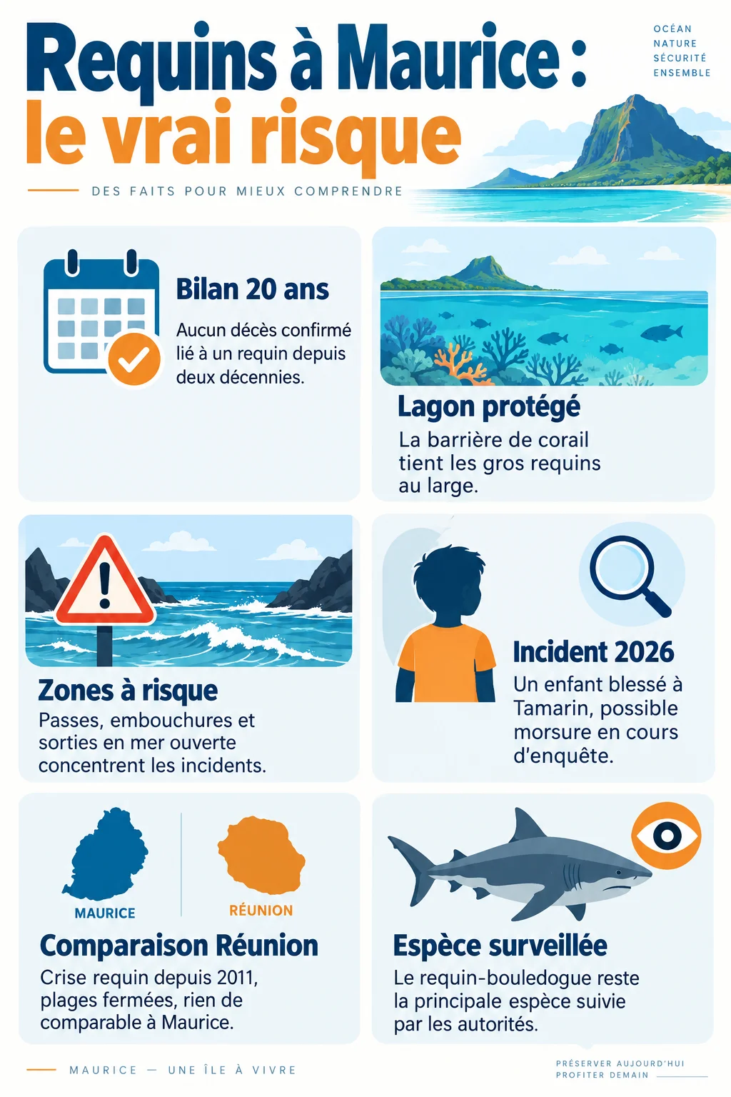 Requins à Maurice : le vrai risque : Bilan 20 ans, Lagon protégé, Zones à risque, Incident 2026, Comparaison Réunion, Espèce surveillée