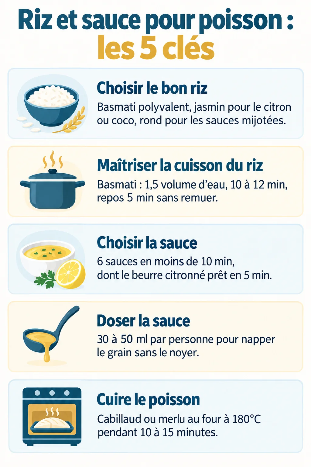 Riz et sauce pour poisson : les 5 clés : Choisir le bon riz, Maîtriser la cuisson du riz, Choisir la sauce, Doser la sauce, Cuire le poisson