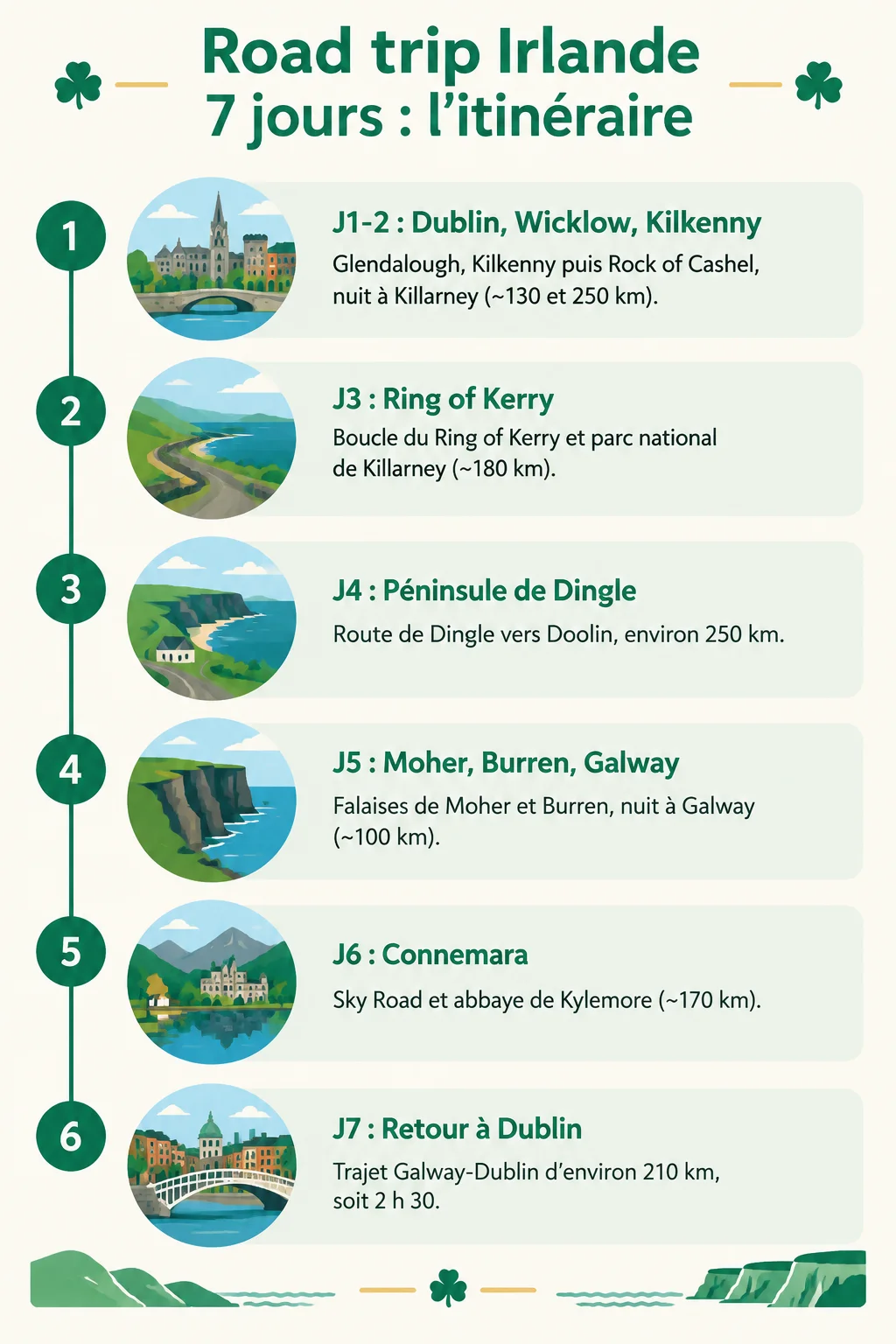 Road trip Irlande 7 jours : l'itinéraire : 1. J1-2 : Dublin, Wicklow, Kilkenny, 2. J3 : Ring of Kerry, 3. J4 : Péninsule de Dingle, 4. J5 : Moher, Burren, Galway, 5. J6 : Connemara, 6. J7 : Retour à Dublin