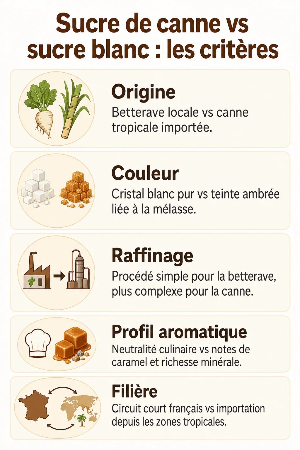 Sucre de canne vs sucre blanc : les critères : Origine, Couleur, Raffinage, Profil aromatique, Filière