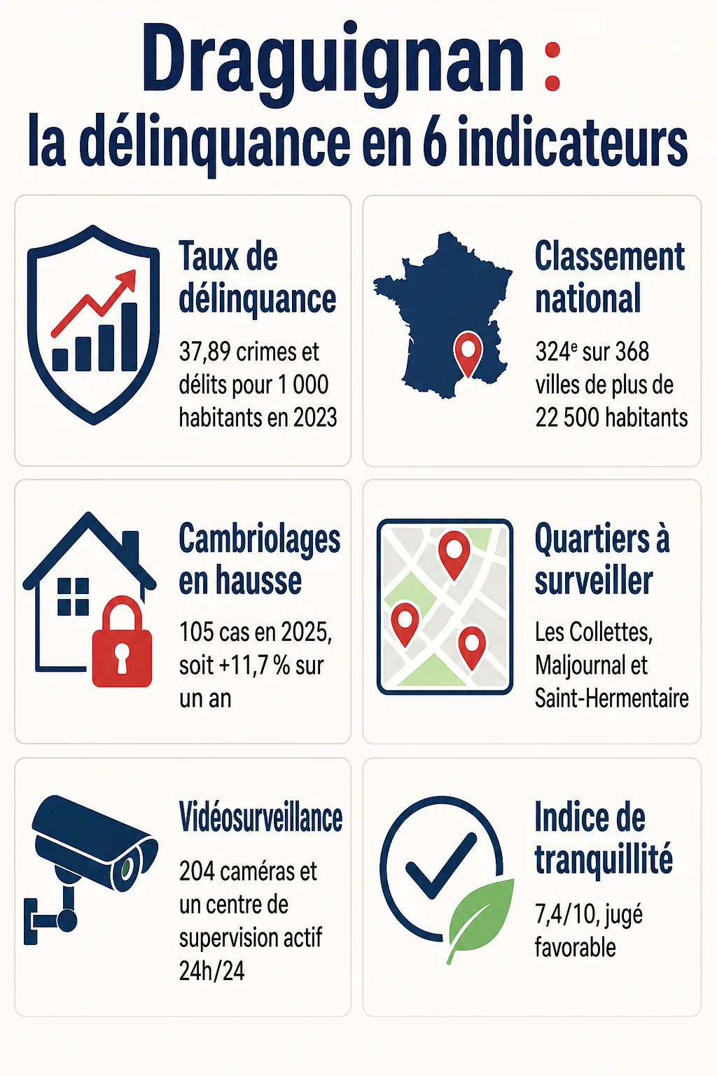 Draguignan : la délinquance en 6 indicateurs : Taux de délinquance, Classement national, Cambriolages en hausse, Quartiers à surveiller, Vidéosurveillance, Indice de tranquillité