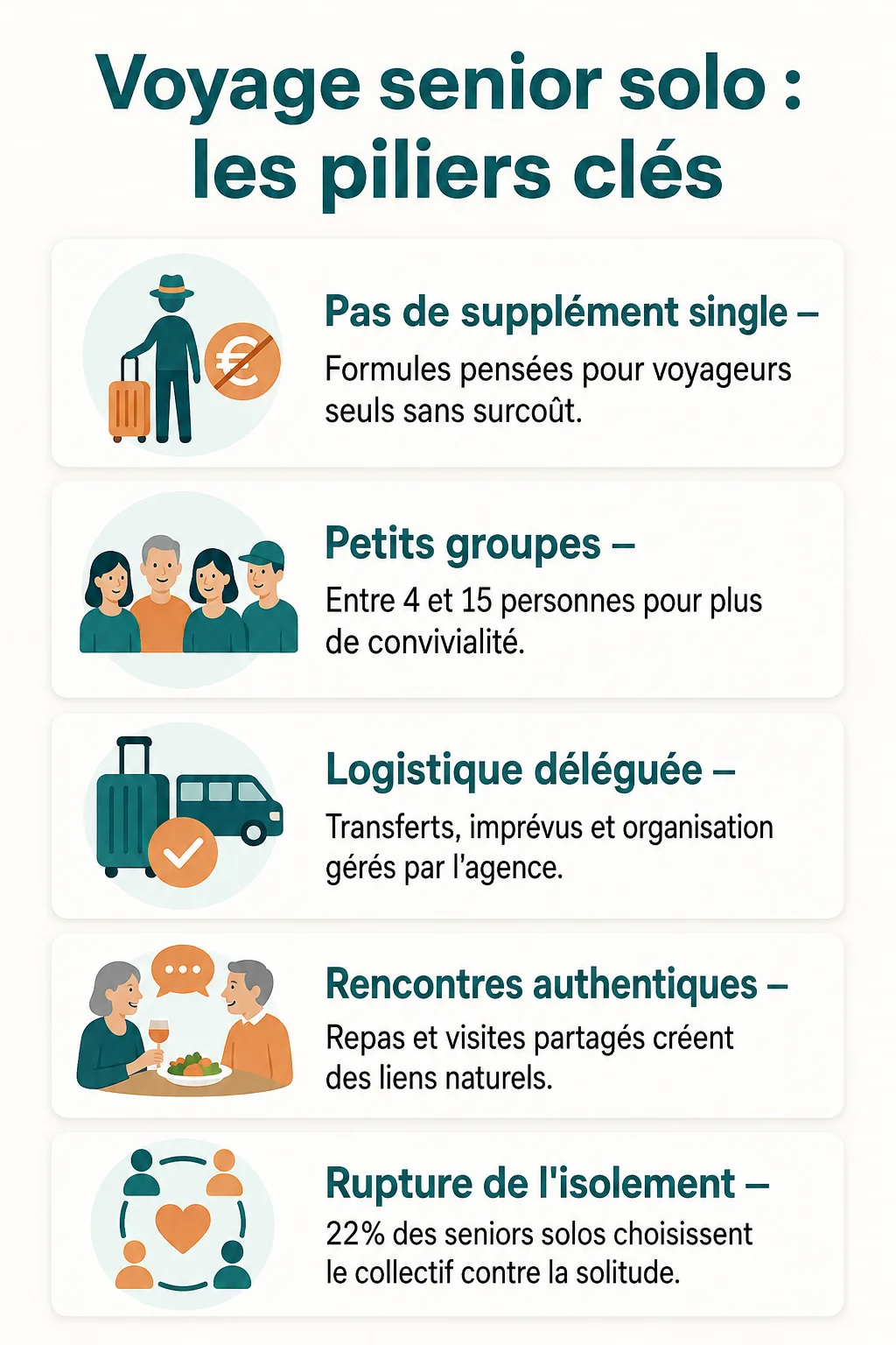 Voyage senior solo : les piliers clés : Pas de supplément single, Petits groupes, Logistique déléguée, Rencontres authentiques, Rupture de l'isolement