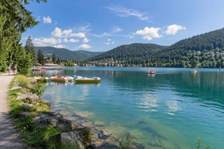 Vue panoramique du lac de Gérardmer entouré de forêts vosgiennes avec pédalos sur l'eau