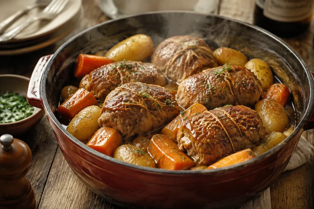 Paupiettes de veau braisées avec pommes de terre grenailles et carottes fondantes en cocotte