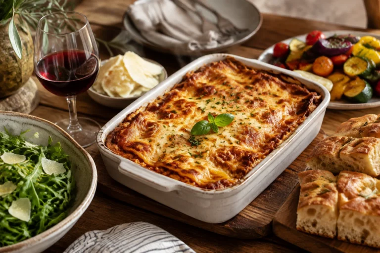 Table dressée avec lasagnes, roquette citronnée, légumes rôtis, focaccia et vin rouge italien