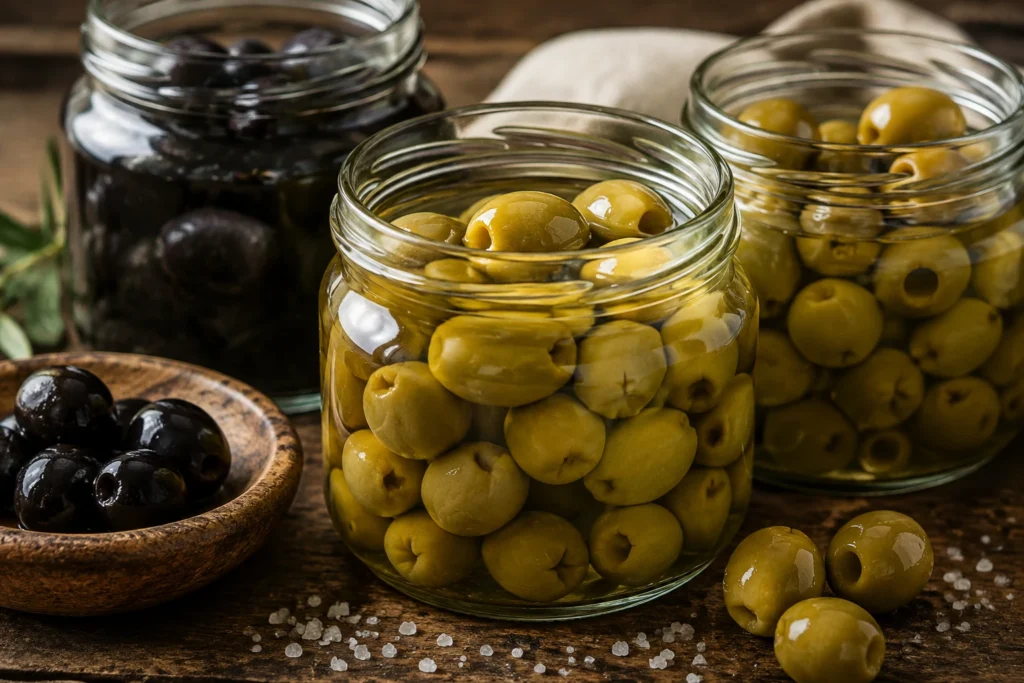 Bocaux de verre remplis d'olives immergées dans une saumure claire, sel en grains sur une table en bois