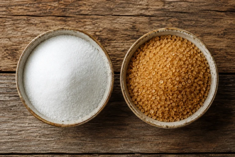 Comparaison visuelle entre sucre blanc raffiné et sucre roux de canne dans deux bols