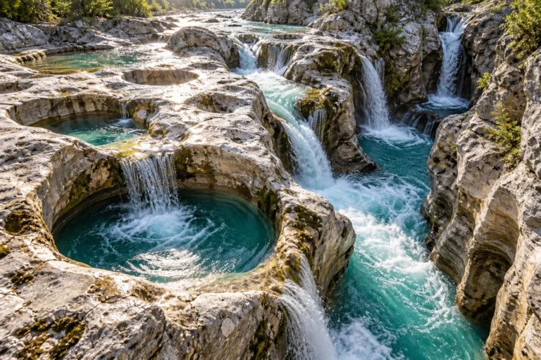 Vue aérienne des marmites de géants et cascades sculptées dans le calcaire de la Cèze