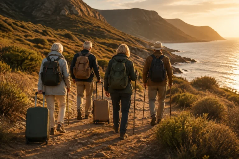 Groupe de seniors marchant ensemble sur un sentier côtier lors d'un voyage organisé