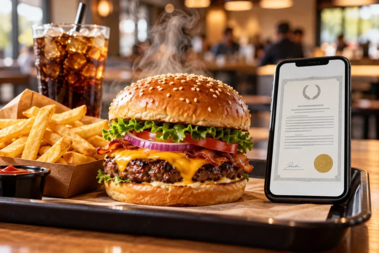 Burger sur un plateau de restaurant rapide avec un smartphone affichant un certificat