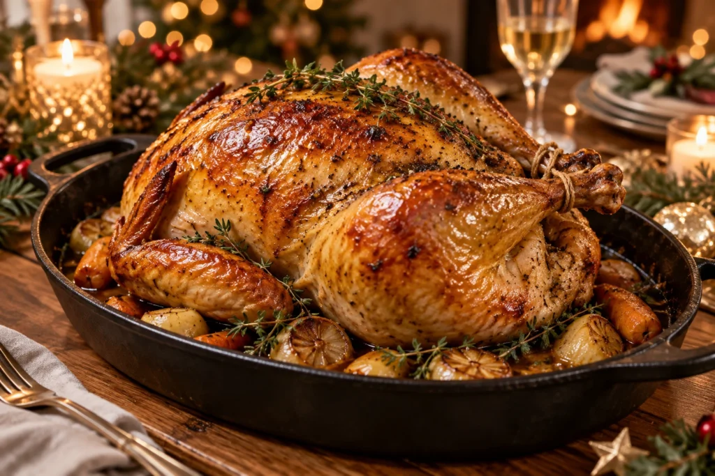Chapon rôti doré sur un plat de service, prêt à être découpé pour le repas de Noël