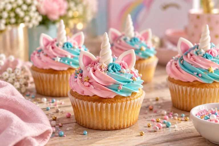 Cupcakes licorne avec rosace de crème mascarpone rose et bleue, corne et oreilles en pâte à sucre