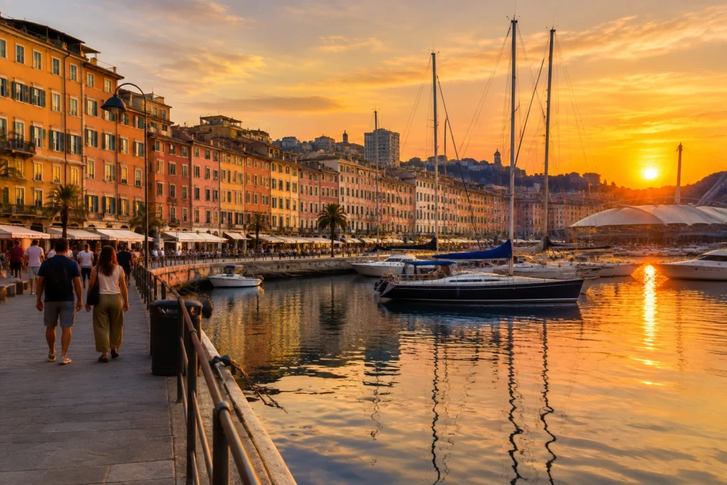 Promeneurs sur le Porto Antico de Gênes au coucher du soleil