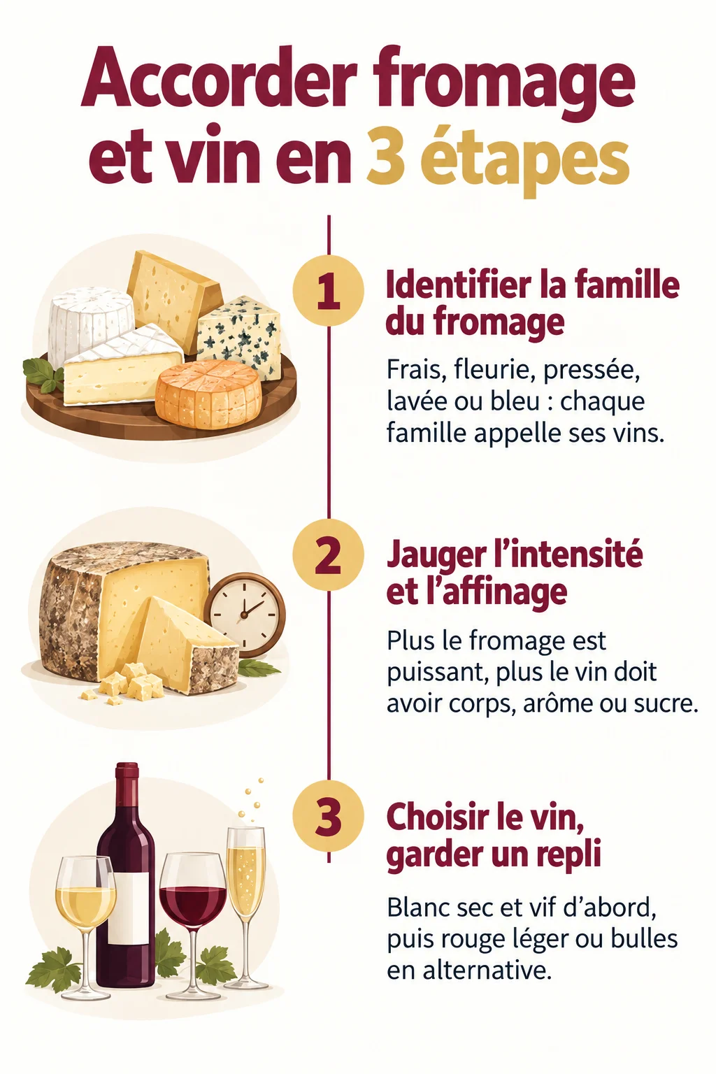 Accorder fromage et vin en 3 étapes : 1. Identifier la famille du fromage, 2. Jauger l'intensité et l'affinage, 3. Choisir le vin, garder un repli