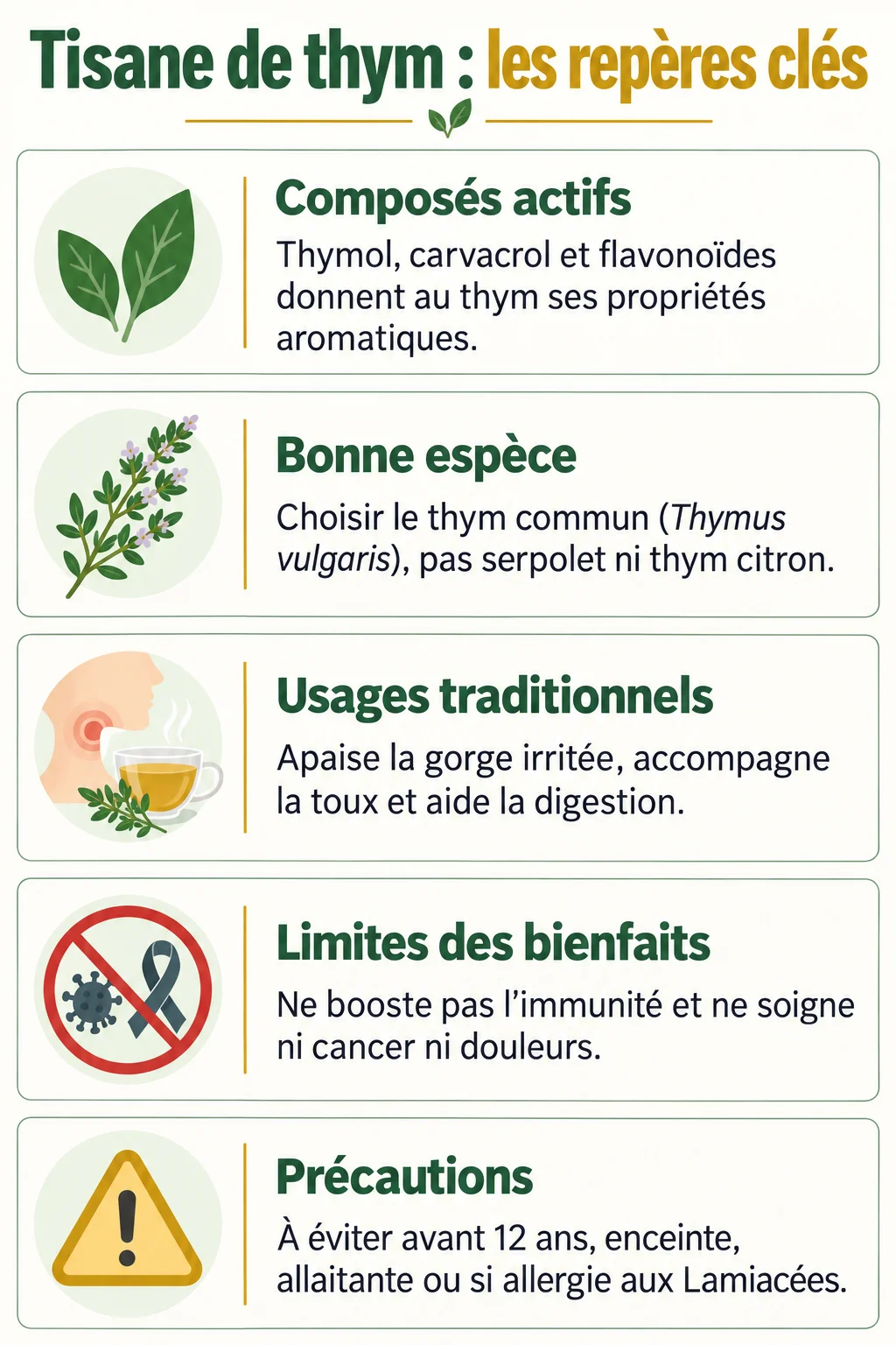Tisane de thym : les repères clés : Composés actifs, Bonne espèce, Usages traditionnels, Limites des bienfaits, Précautions
