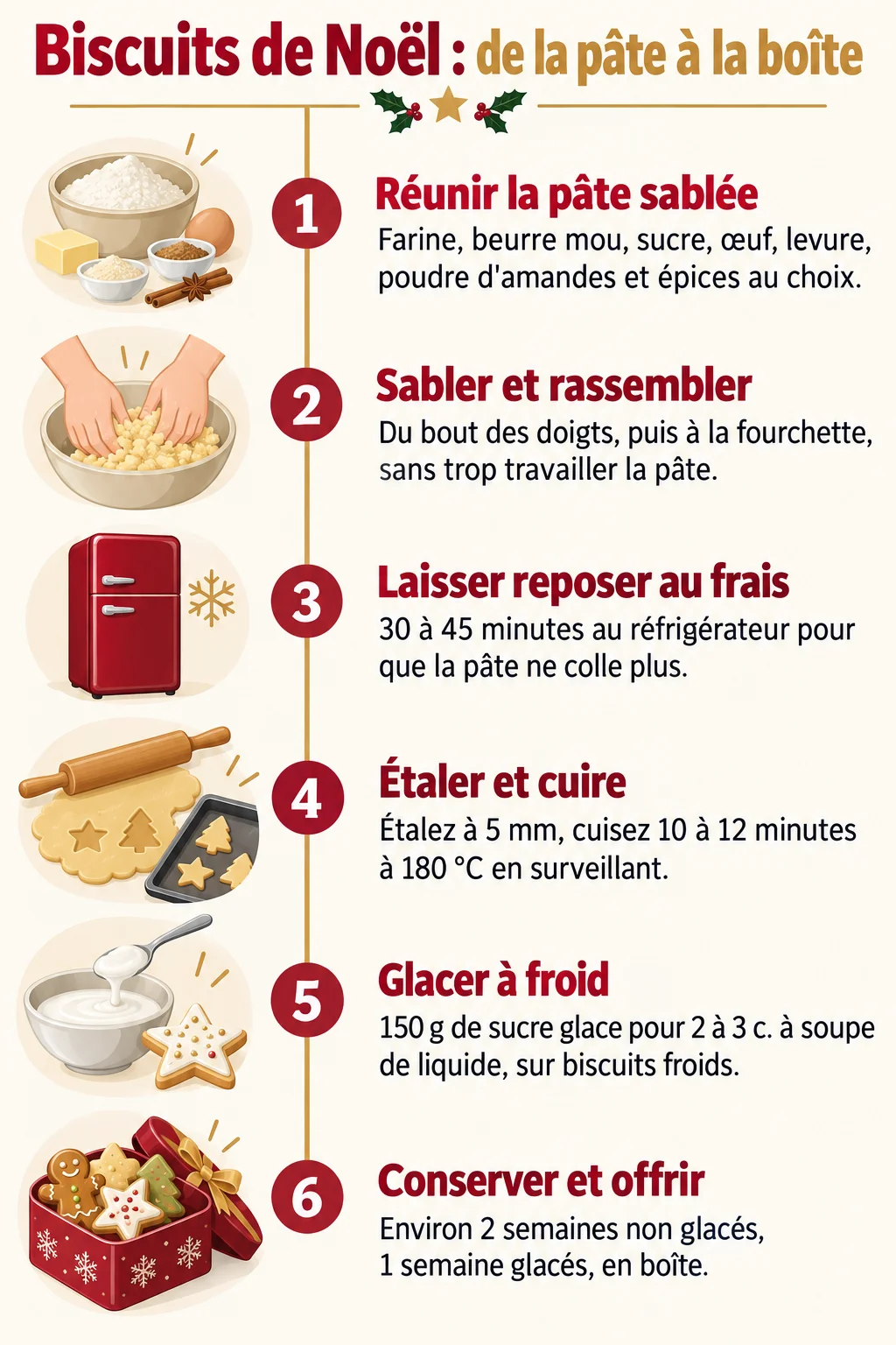 Biscuits de Noël : de la pâte à la boîte : 1. Réunir la pâte sablée, 2. Sabler et rassembler, 3. Laisser reposer au frais, 4. Étaler et cuire, 5. Glacer à froid, 6. Conserver et offrir