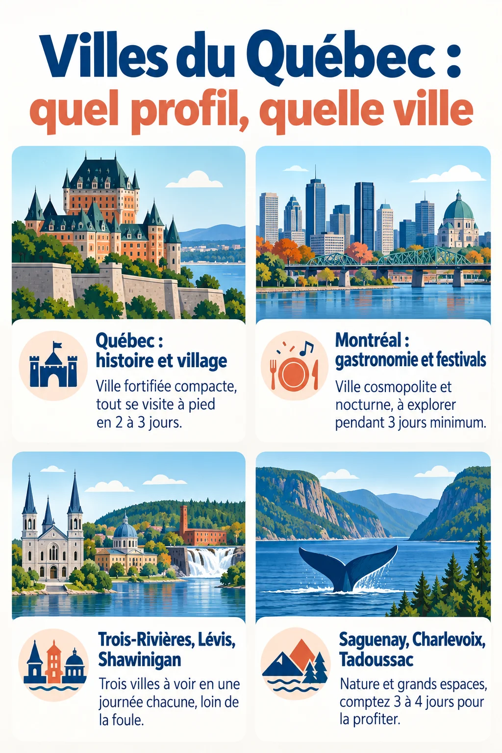 Villes du Québec : quel profil, quelle ville : Québec : histoire et village, Montréal : gastronomie et festivals, Trois-Rivières, Lévis, Shawinigan, Saguenay, Charlevoix, Tadoussac