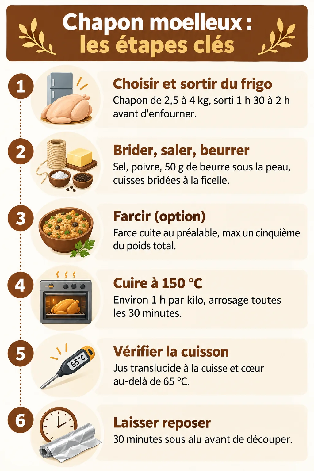 Chapon moelleux : les étapes clés : 1. Choisir et sortir du frigo, 2. Brider, saler, beurrer, 3. Farcir (option), 4. Cuire à 150 °C, 5. Vérifier la cuisson, 6. Laisser reposer